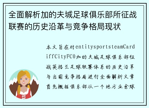 全面解析加的夫城足球俱乐部所征战联赛的历史沿革与竞争格局现状