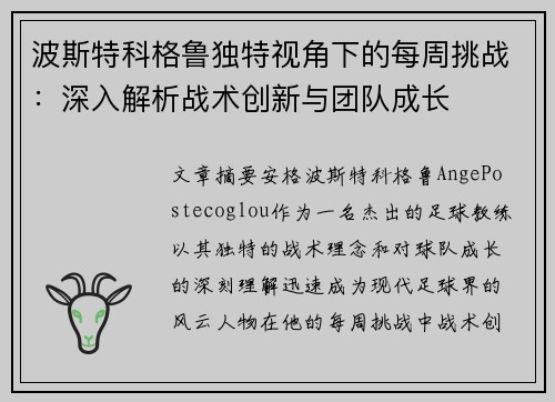 波斯特科格鲁独特视角下的每周挑战：深入解析战术创新与团队成长